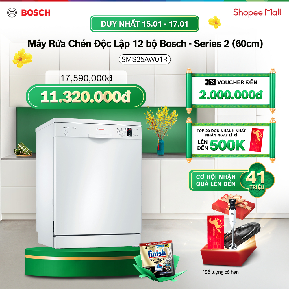 Máy Rửa Chén Độc Lập 12 Bộ Bosch SMS25AW01R - Series 2 (60cm) - Màu Trắng, Kích Thước 60x84.5x60 cm