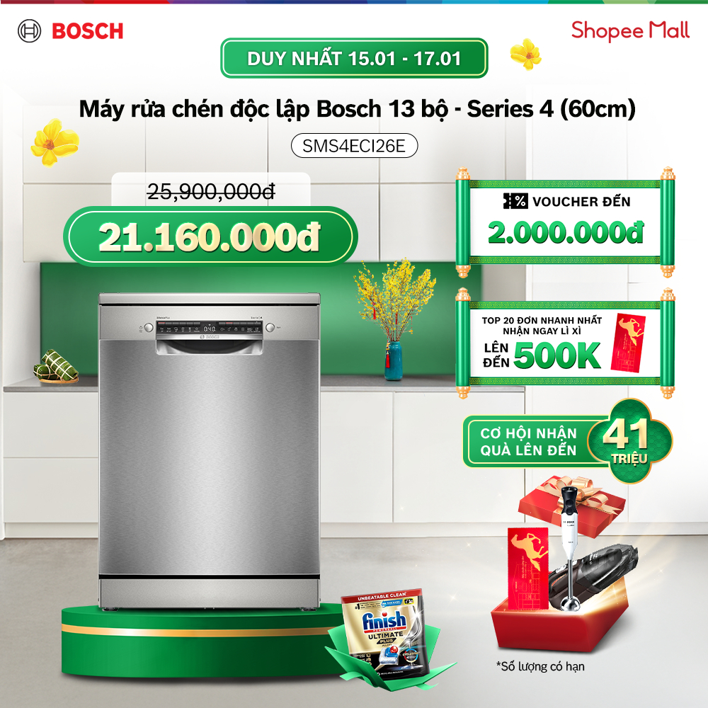 [15-17.01] Voucher Shopee đến 3TR| Máy rửa chén độc lập Bosch 13 bộ SMS4ECI26E - Series 4 (60cm) - H