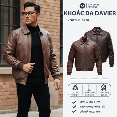 Áo Khoác Jacket nam Davier da cổ bẻ lót lông MK CLEVER dày dặn giữ nhiệt, giữ ấm tốt, form dáng trẻ trung 50-88kg