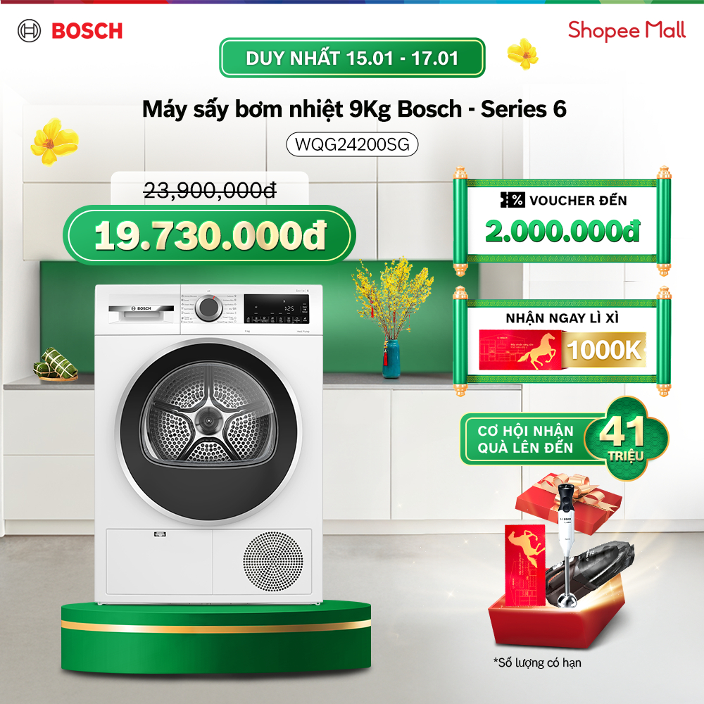 [15-17.01] Voucher Shopee đến 3TR| Máy sấy bơm nhiệt 9Kg Bosch WQG24200SG - Series 6 - Hàng chính hã