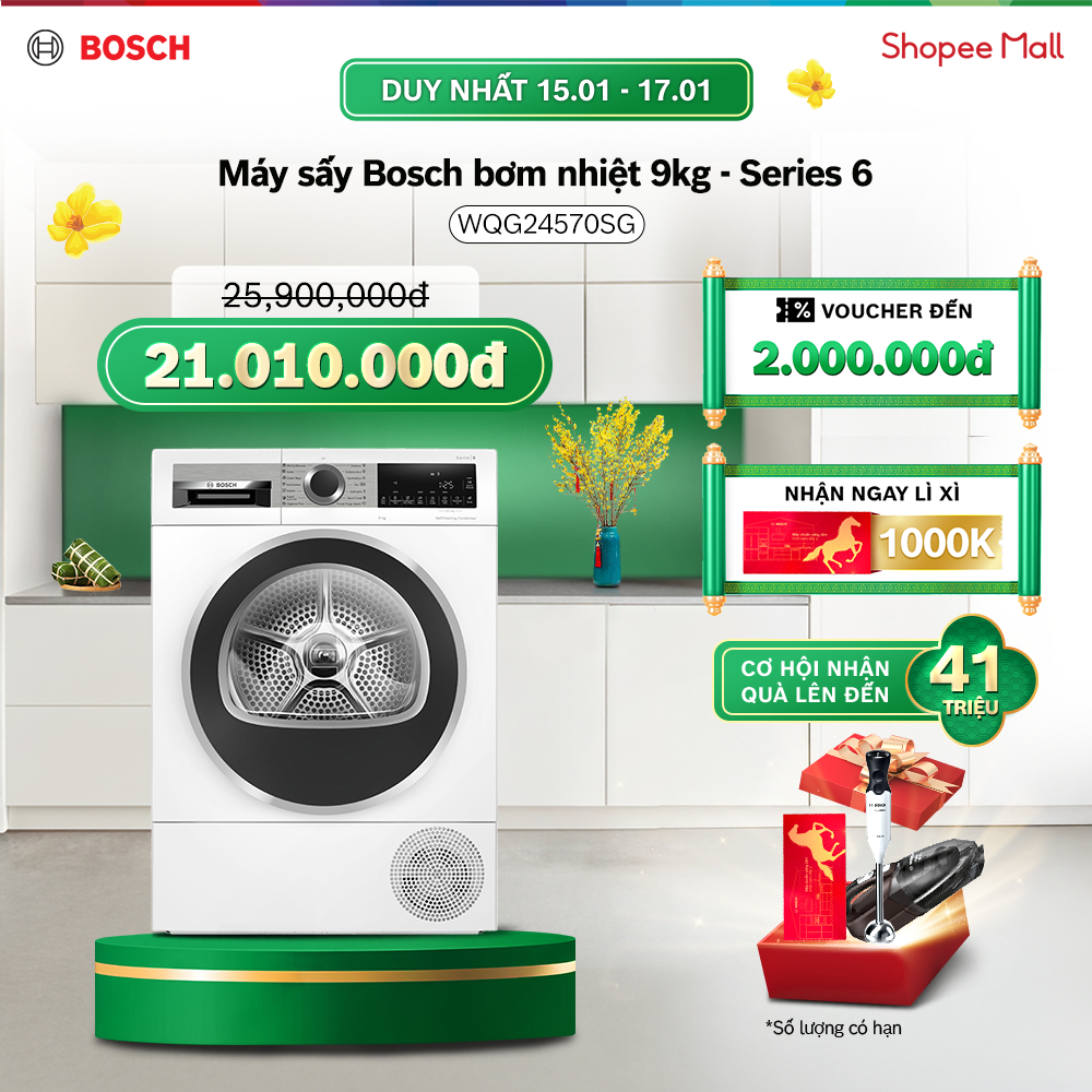 [15-17.01] Voucher Shopee đến 3TR| Máy sấy Bosch bơm nhiệt 9kg WQG24570SG - Series 6 - Hàng chính hã