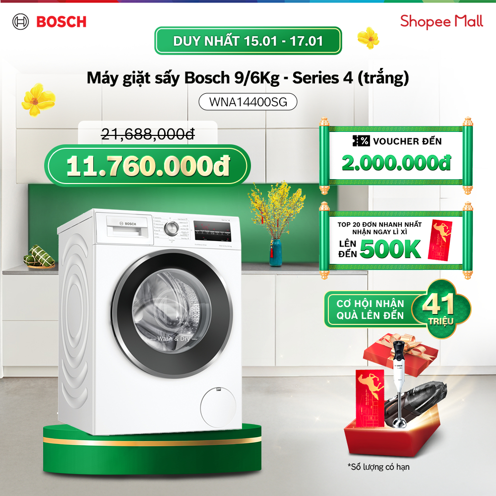 [12-17.12] Voucher Shopee đến 3TR| Máy giặt sấy Bosch 9/6Kg WNA14400SG - Series 4 (trắng) - Hàng chí