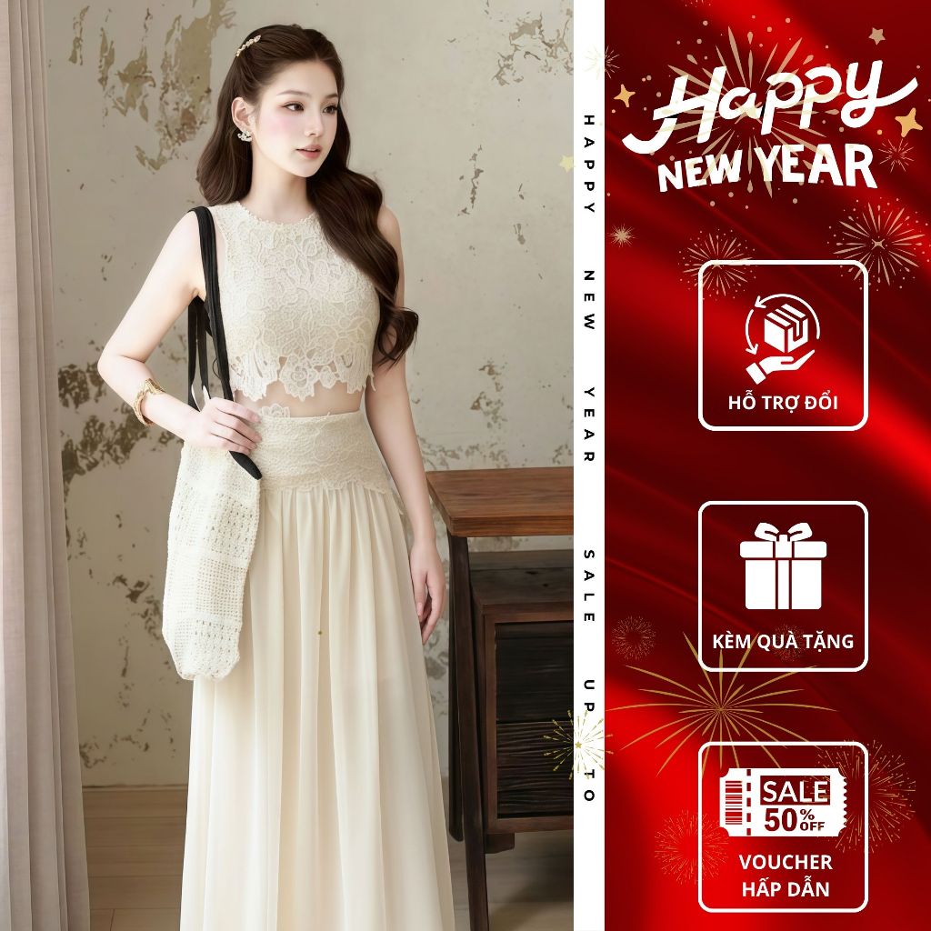 Set đồ nữ ren dáng croptop phối chân váy voan dáng dài maxi Emili Lux set áo ngắn thướt tha B151