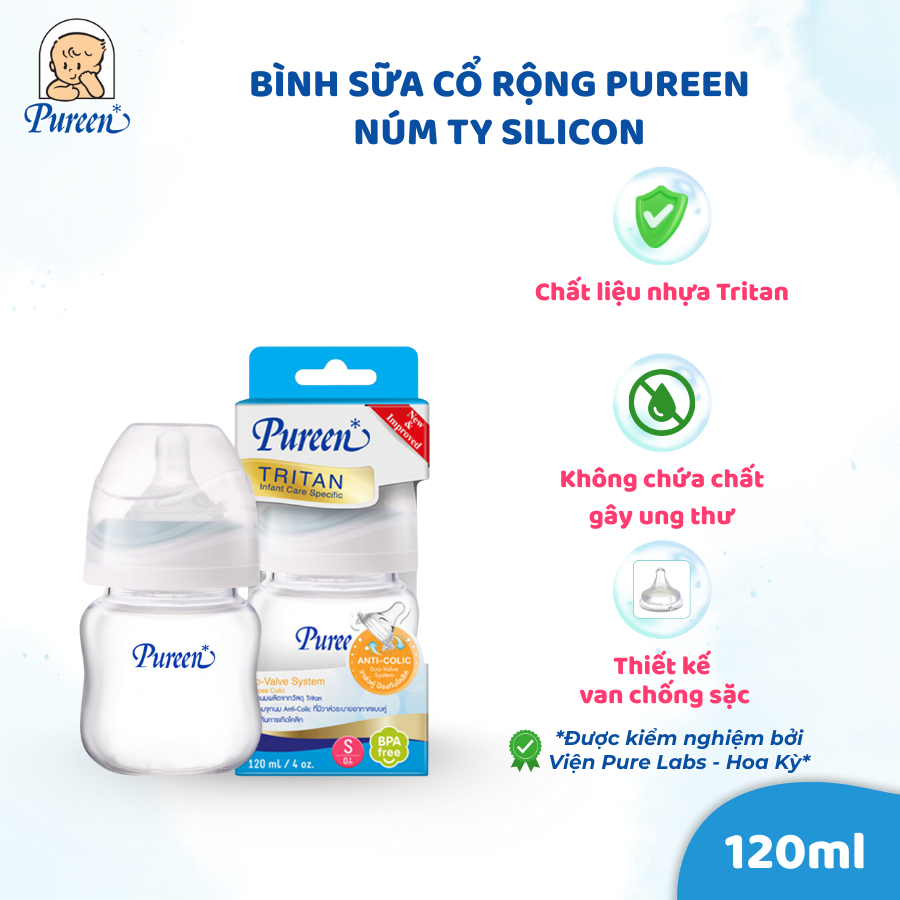 Bình sữa cổ rộng Pureen núm ty silicon - 120ml