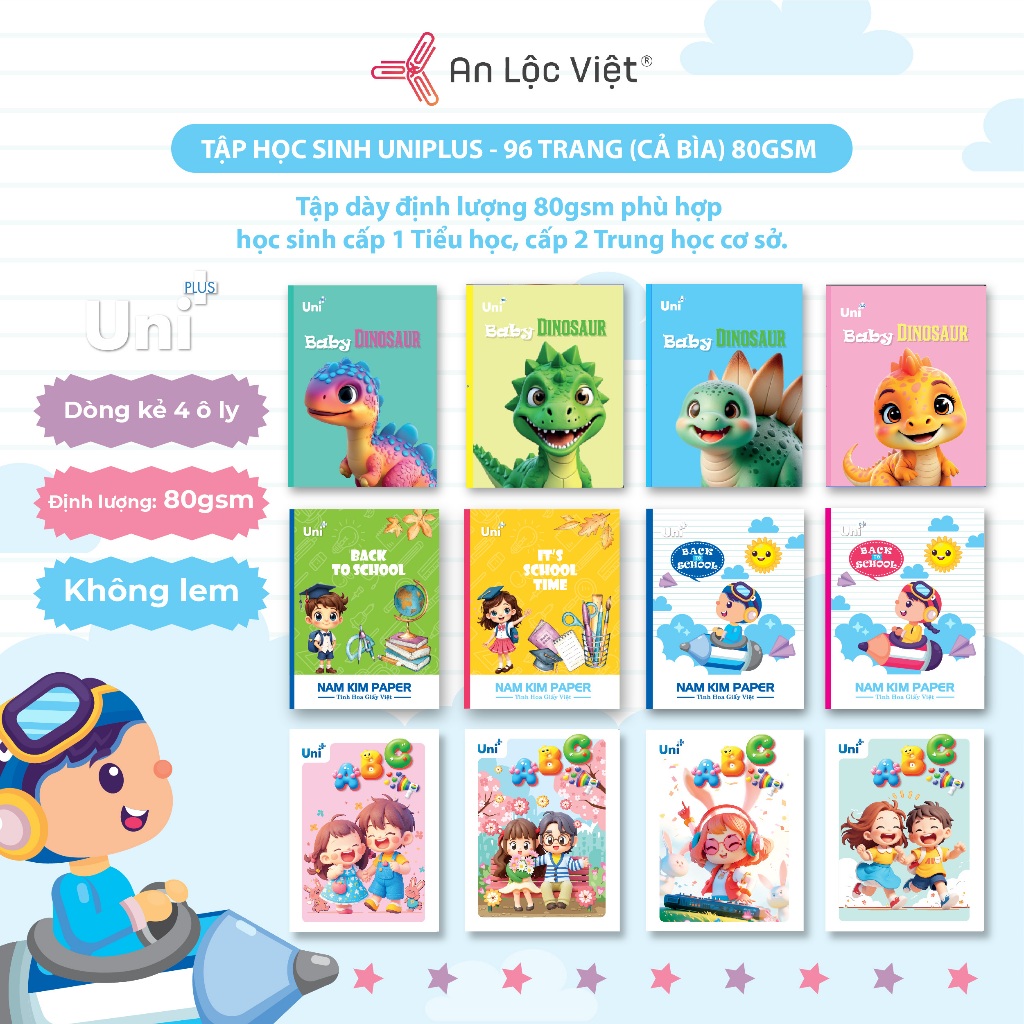 [COMBO 10 QUYỂN TẬP 96 TRANG 4 Ô LY DÀY 80GSM] ABC - Khủng Long- Back to school, giấy 80gsm,nhiều hì