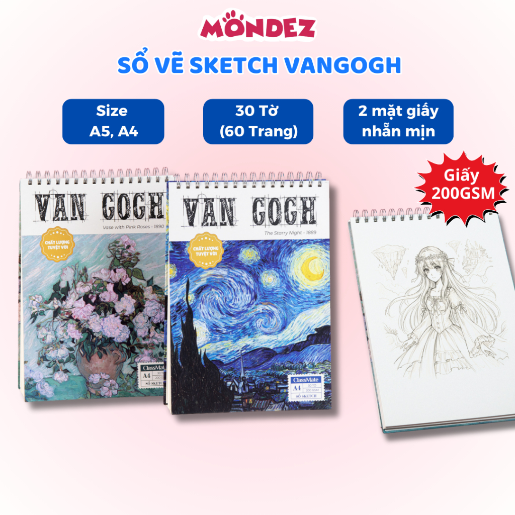 Sổ Vẽ VanGogh 200GSM A4/A5 – Vở Vẽ Mỹ Thuật 60 Trang Sketchbook Giấy Dày Cao Cấp