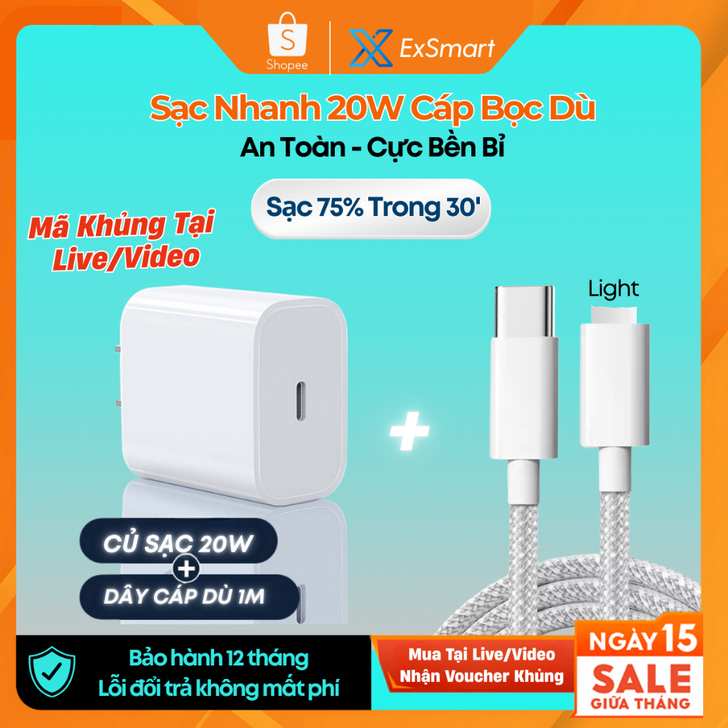 Bộ Sạc Nhanh Chính Hãng 20w Exsmart dây sạc dù thế hệ mới đầu chống gãy gập công nghệ PD An Toàn Khô