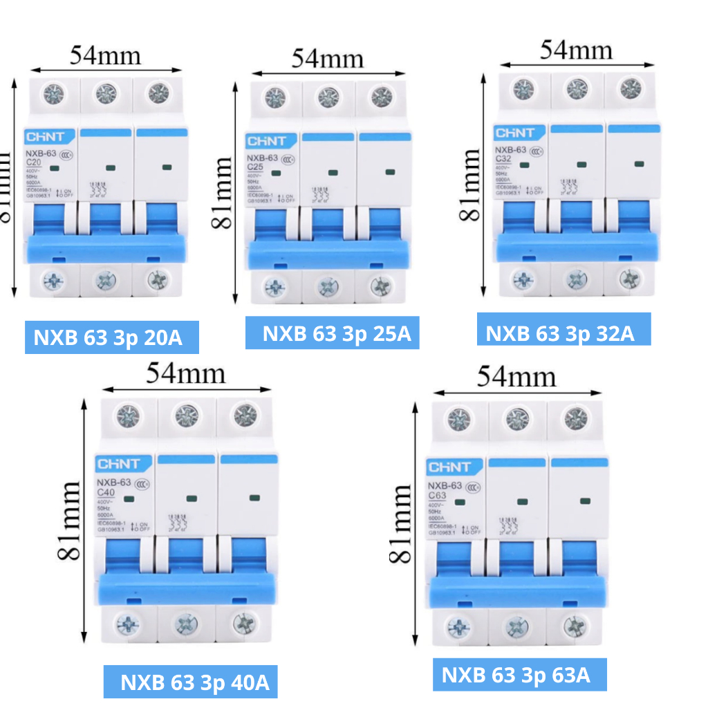 Aptomat MCB CHINT NXB-63 3 Pha 6A–63A | MCB 3P 6kA | CB Tépkhối 3 Pha Chính Hãng