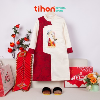 Áo Dài Tết Cách Tân Cho Bé Trai TIHON Chất Gấm Thượng Hải Thêu Hạc Tinh Xảo Màu Đỏ Xanh AD0744066
