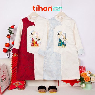 Áo dài cho bé TIHON chất gấm họa tiết nổi thêu hạc phối màu sang trọng AD744066