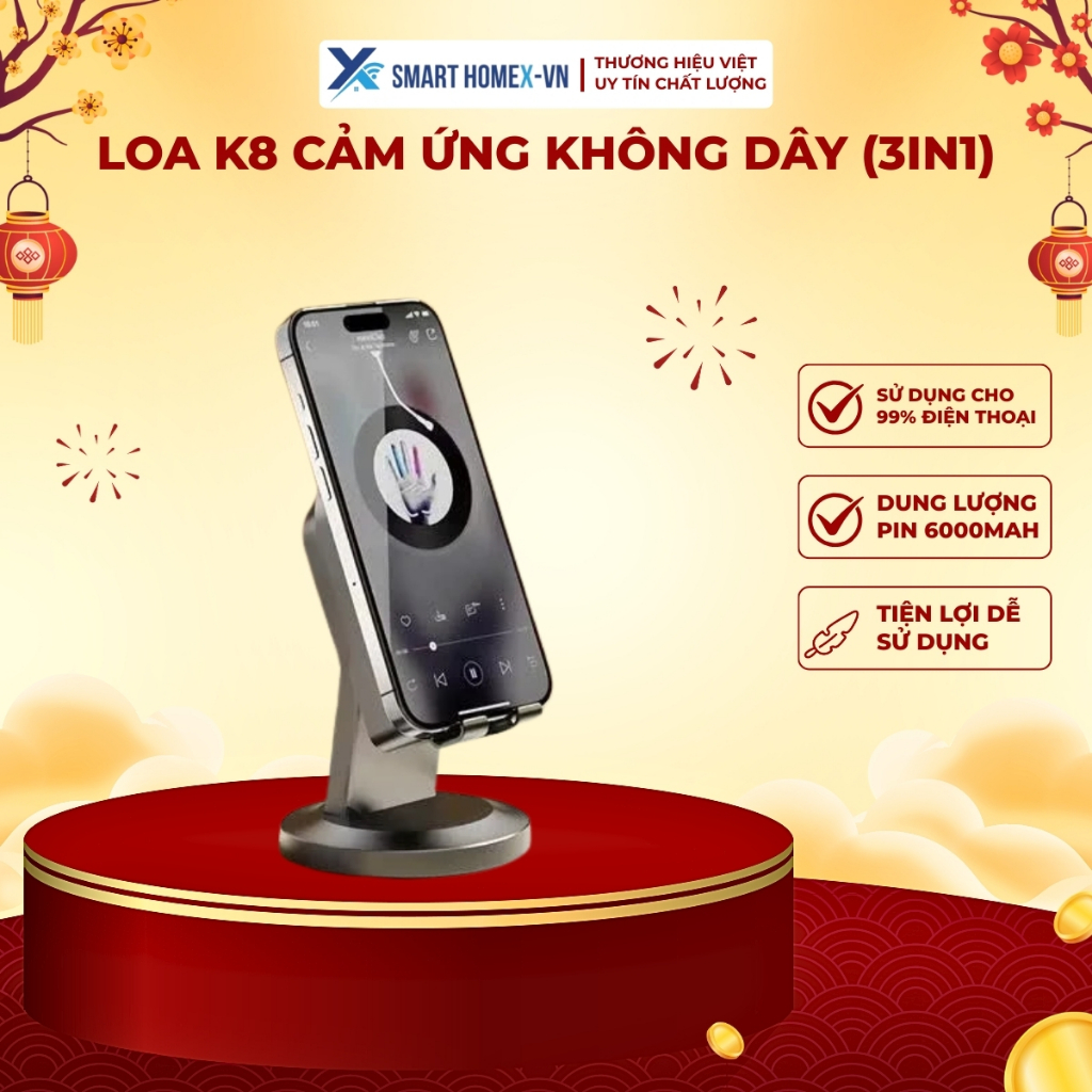Loa K8 cảm ứng không dây (3in1) Giá đỡ điện thoại + Loa bluetooth + Gương Trang điểm