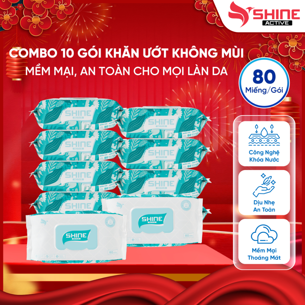 Shine Active - Khăn Ướt Shine 80 Miếng Không Cồn Không Parabens Cao Cấp An Toàn Cho Da Nhạy Cảm Vải 