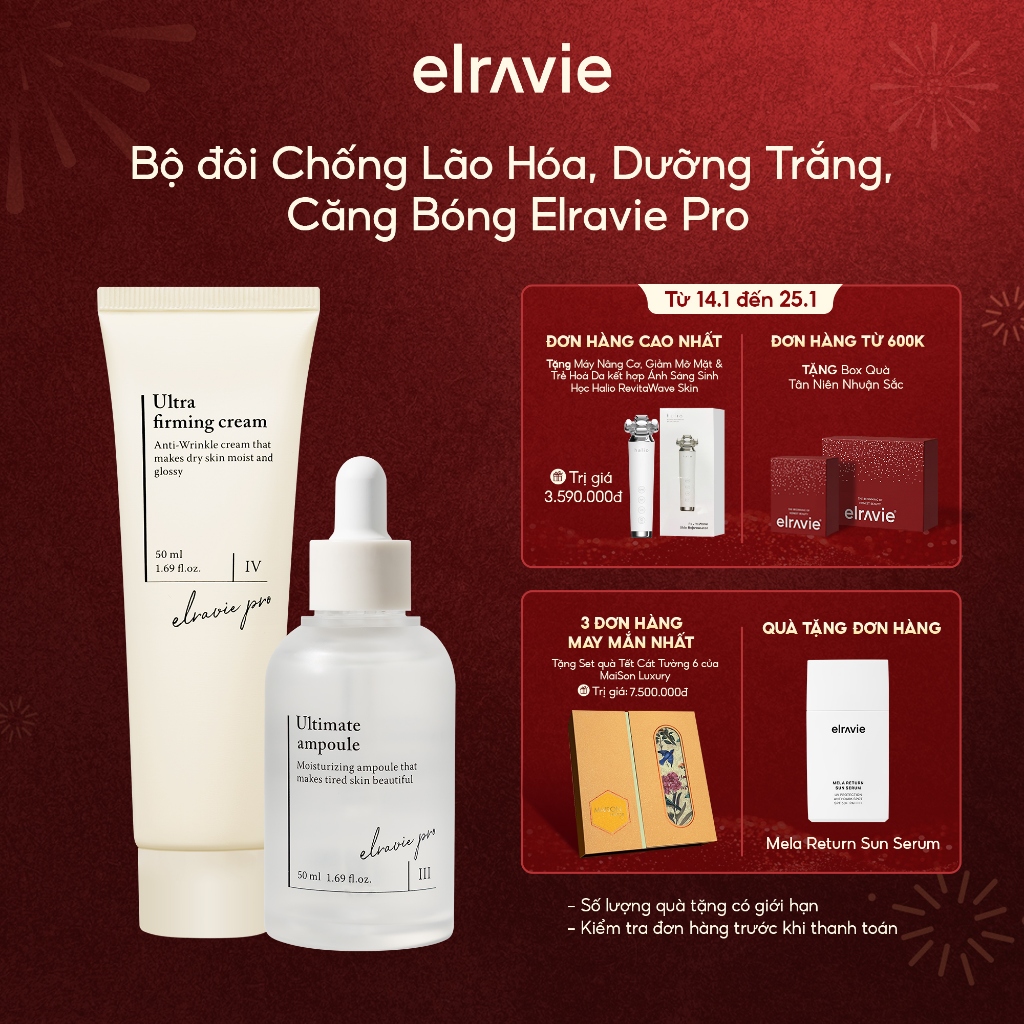 Bộ đôi Chống Lão Hóa, Dưỡng Trắng, Căng Bóng Elravie Pro Ultimate Ampoule 50ml Và Elravie Pro Ultra 