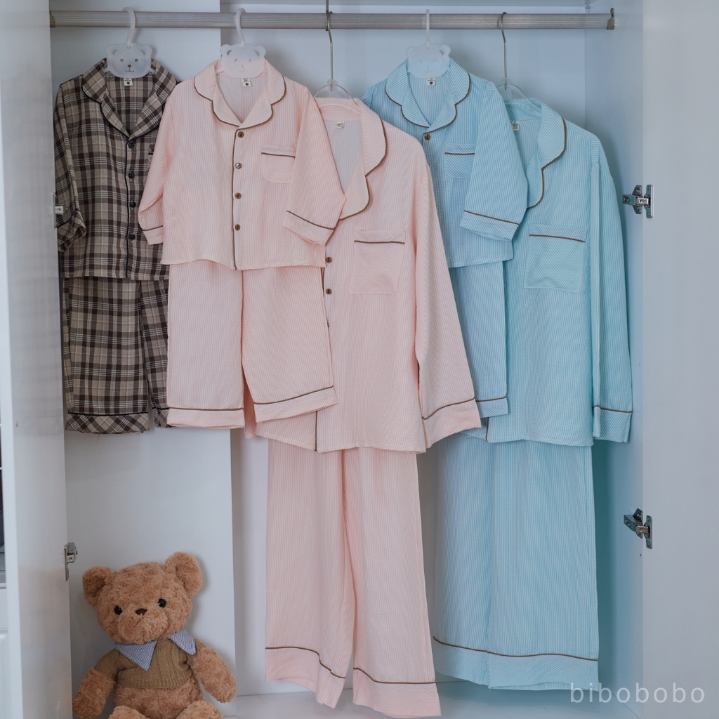 Bộ Pyjama Mẹ Bé Tay Dài Quần Dài Chất Đũi Cotton Mềm Thoáng Hoạ Tiết Kẻ Sọc Màu Pastel – PJMB03 BIBI