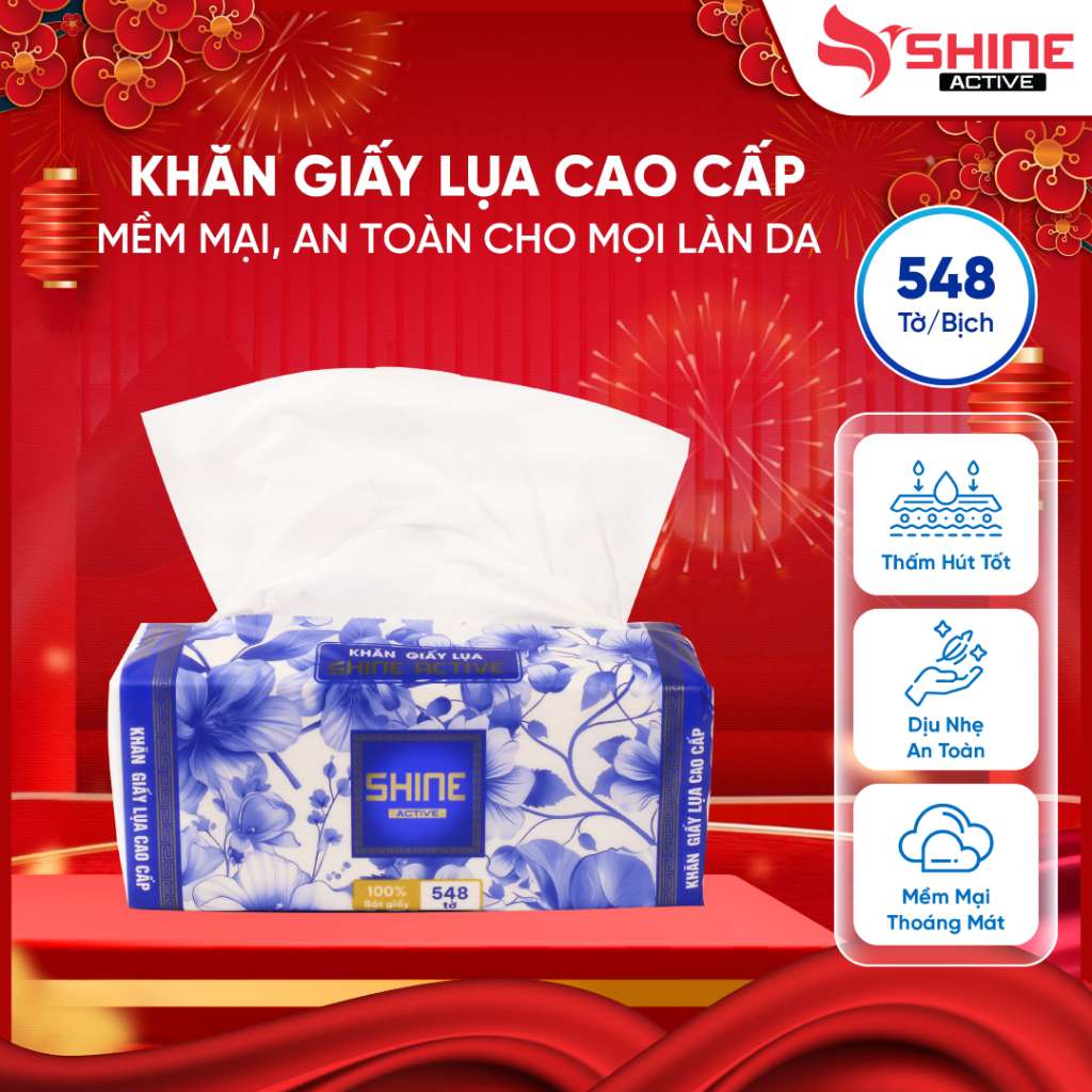Gói Khăn Giấy Rút Lụa Cao Cấp Shine Active 4 Lớp Siêu Mềm Mại Thấm Hút Nhanh 548 Tờ