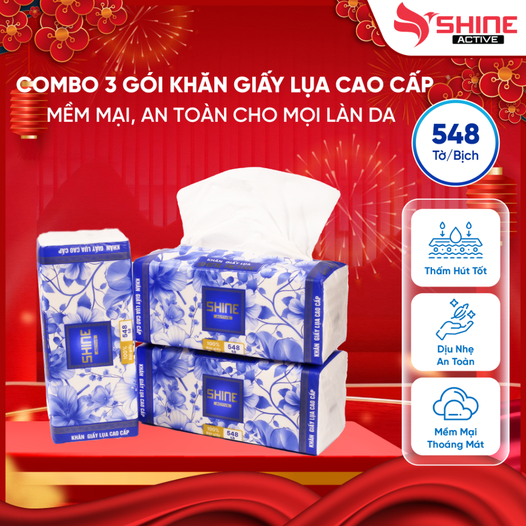 3 Gói Khăn Giấy Rút Lụa Cao Cấp Shine Active 4 Lớp Siêu Mềm Mại Thấm Hút Nhanh 548 Tờ