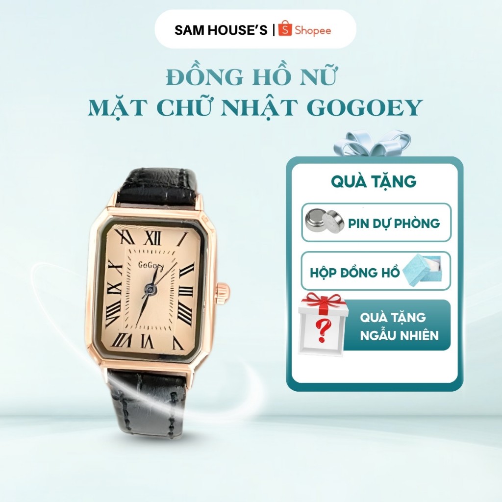 Đồng hồ nữ mặt chữ nhật Gogoey dây da mặt số la mã