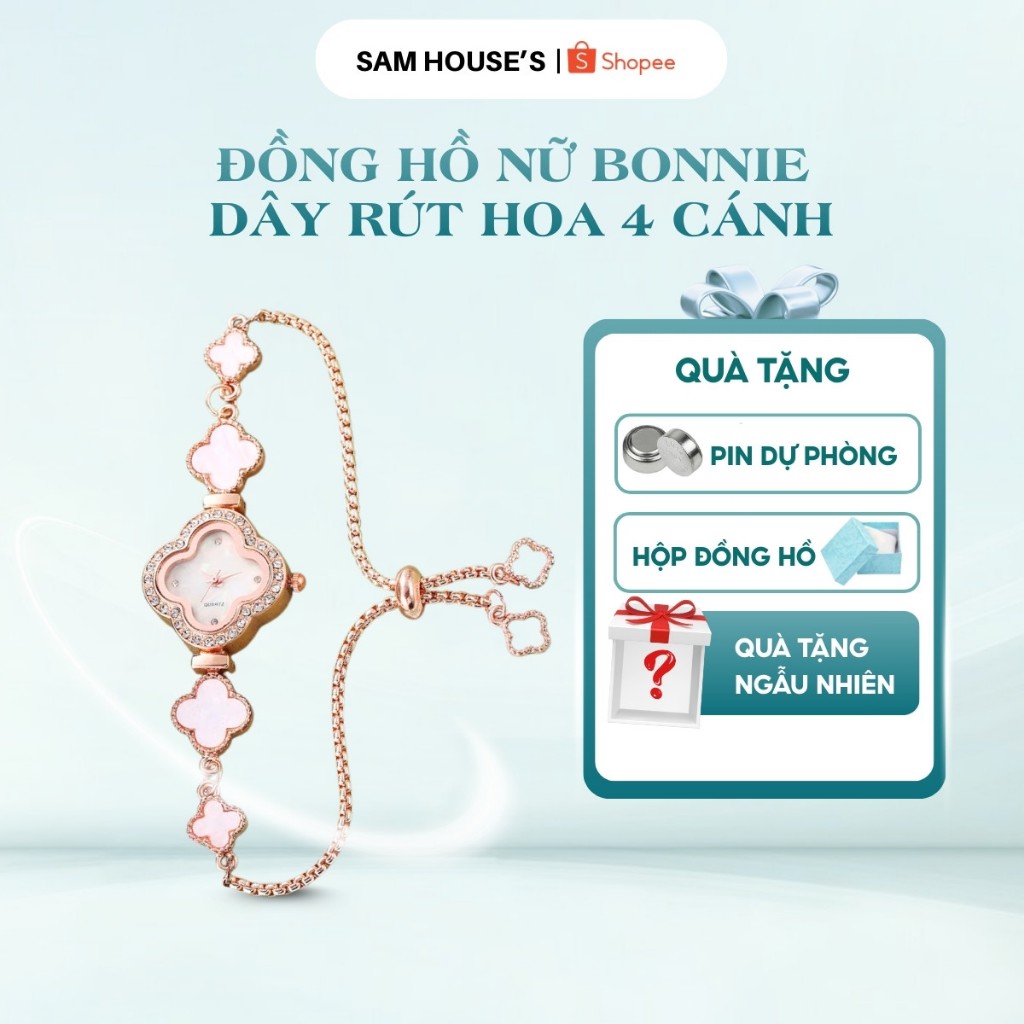 Đồng hồ nữ Bonnie DÂY RÚT hợp kim hoa 4 cánh tặng kèm hộp đựng và pin
