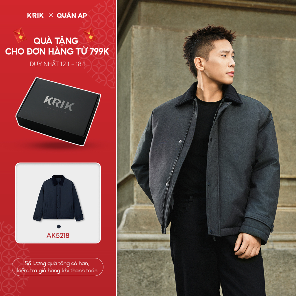 [KRIK x QUÂN A.P] Áo Khoác Phao Nhồi Bông Nam KRIK Form Boxy Chất Liệu Polyester Nhẹ Ấm Thiết Kế Tha