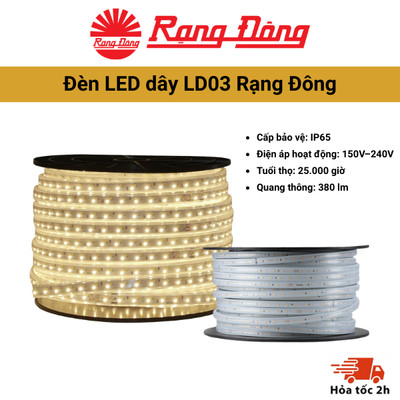 [Tặng driver] Đèn LED dây LD03 Rạng Đông 8W 3000K phù hợp chiếu sáng không gian trong nhà và ngoài trời, decor nội thất