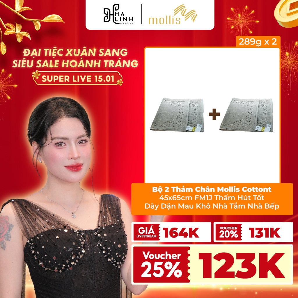 [Võ Hà Linh x Mollis] Bộ 2 Thảm Chân Mollis Cotton 45x65cm FM1J Thấm Hút Tốt Dày Dặn Mau Khô Nhà Tắm