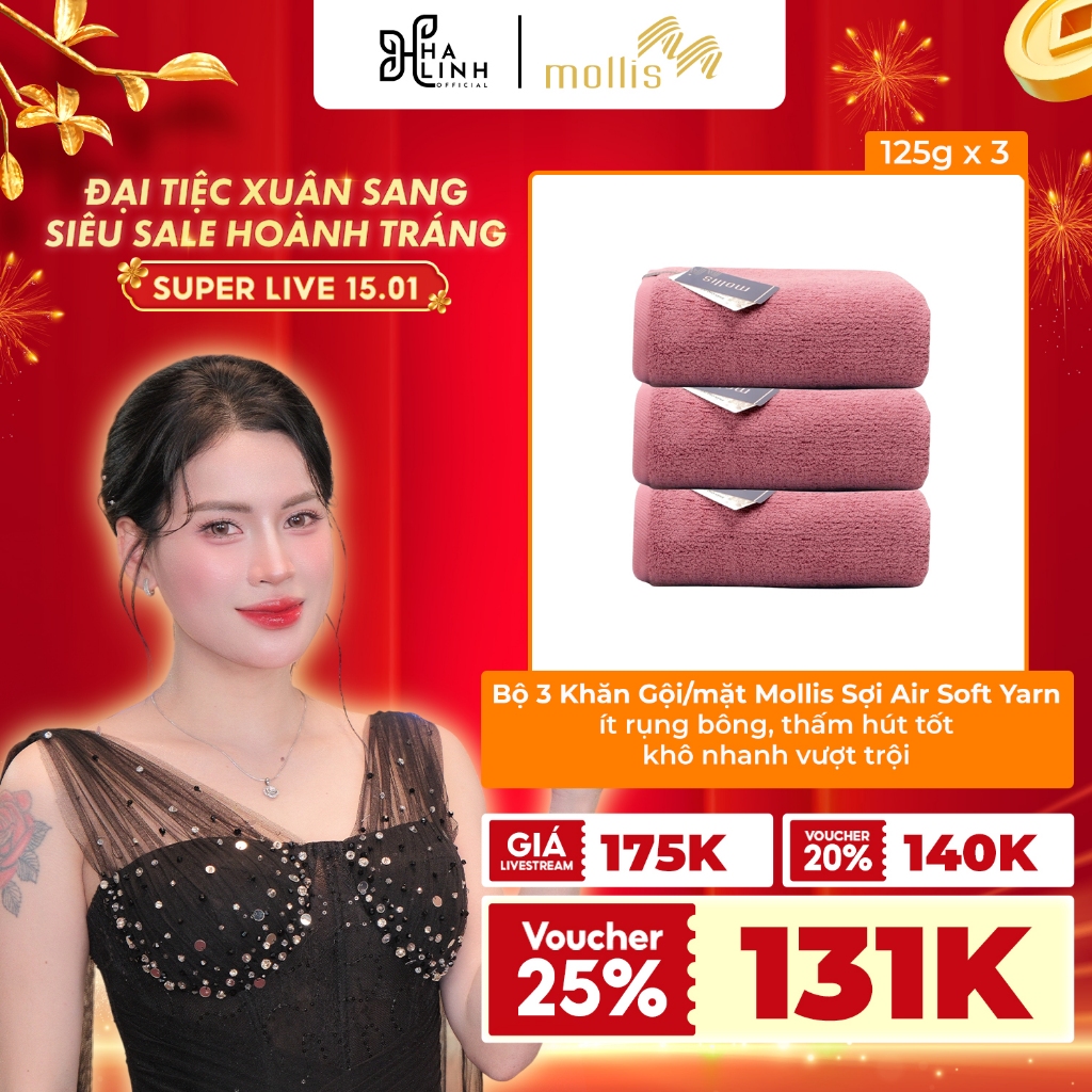 [Võ Hà Linh x Mollis] Bộ 3 Khăn Gội/Mặt Mollis Sợi Air Soft Yarn giảm rụng bông, thấm hút tốt khô nh