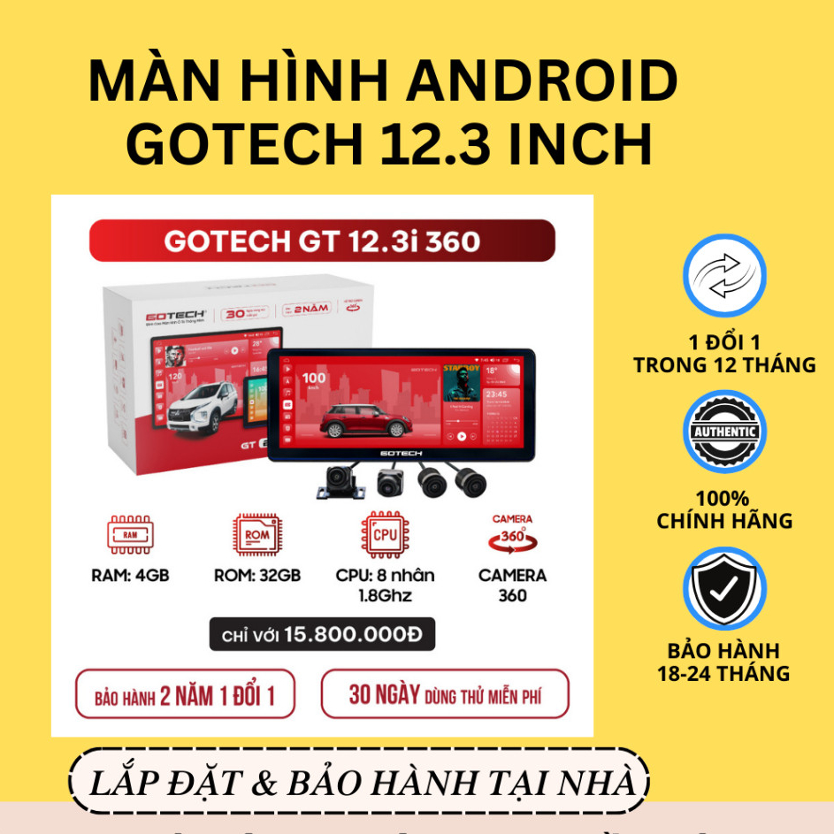 [HÀNG MỚI] Màn Hình Android  Gotech | 12.3 Inch | Liền Camera 360