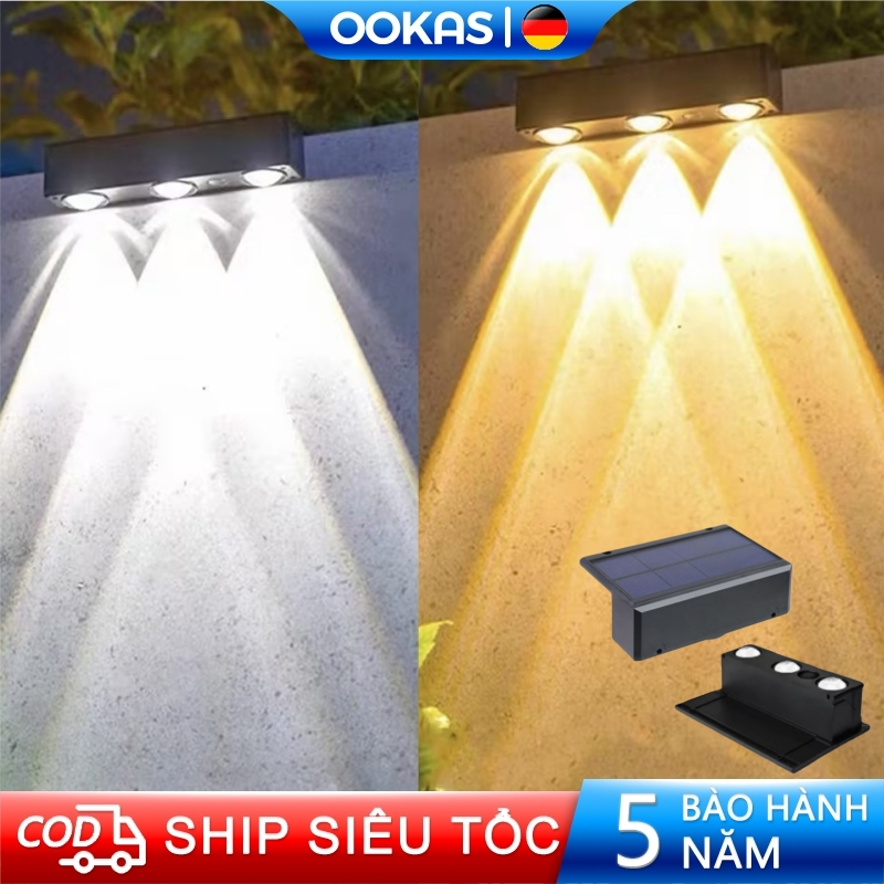 OOKAS Đèn năng lượng mặt trời LED Đèn tường bậc thang sân vườn Đèn hai màu tự động sáng khi trời tối