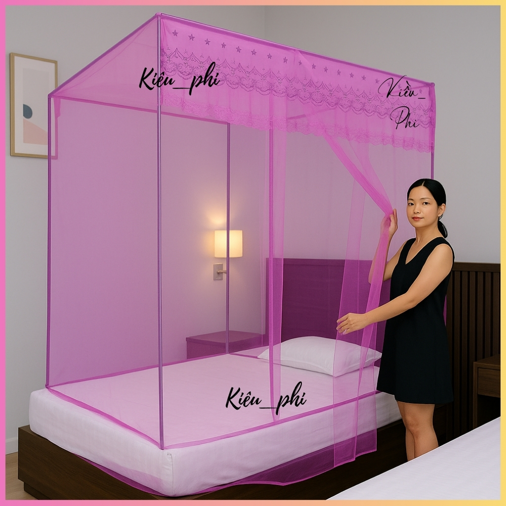 Mùng tuyn thái ren hoa khung vuông inox 304 cao cấp không rỉ màn ngủ chống muỗi người lớn Kiều Phi