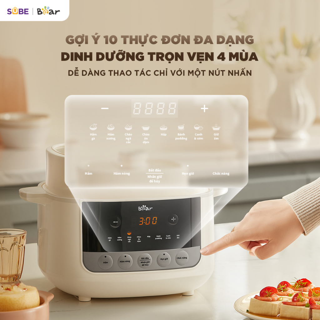 Nồi Nấu Chậm Bear SC - 5H25M34 Dung Tích 2.5L Nấu Cháo Ăn Dặm 8 Chế Độ Nấu Hầm Hấp Cho Bé