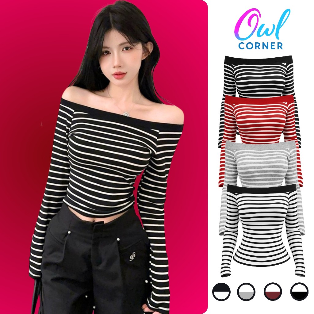 (XẢ HÀNG) Áo Thun Tay Dài TRỄ VAI SỌC Ôm Body Thun Cotton BM115, Áo Thun Nữ Bệt Vai Co Giãn 4 Chiều 