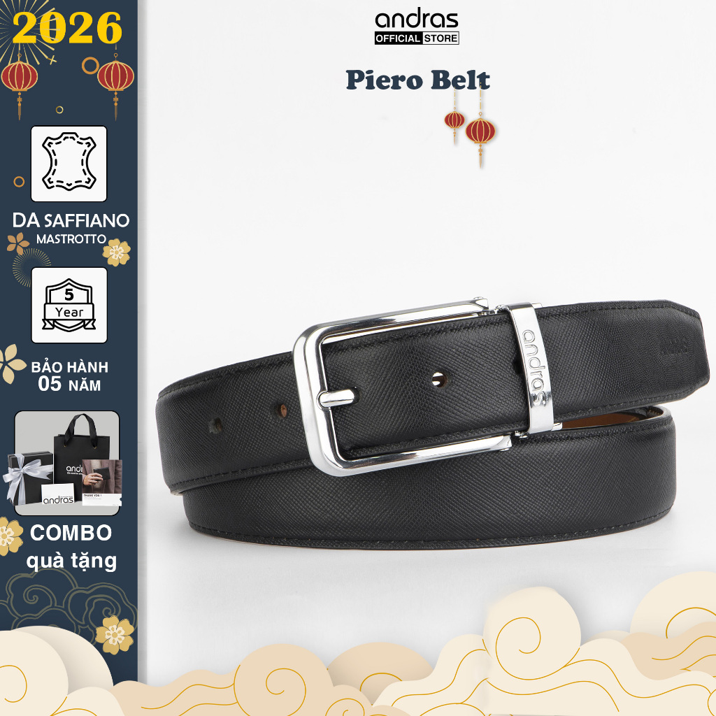 Thắt lưng da nam Piero Belt da bò thật vân Saffiano dây lưng khóa kim đúc Andras cao cấp - TL01