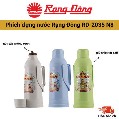 Phích đựng nước Rạng Đông RD-2035N8 dung tích 2L, ruột thủy tinh an toàn, trang bị nút bật thông minh, giữ nhiệt tốt 12H