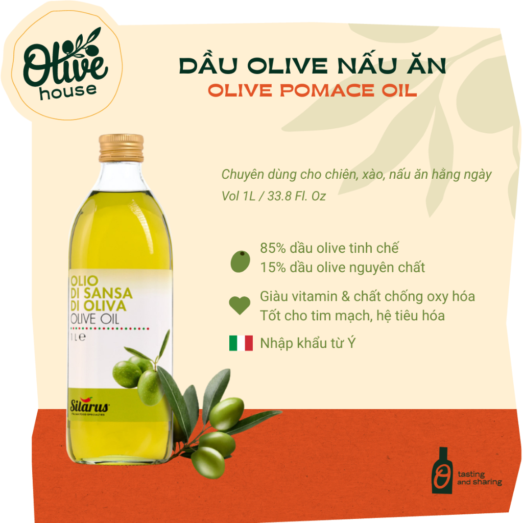 Dầu Olive POMACE 1Lit dùng chiên rán, nấu ăn, giảm chất béo có hại - hiệu Silarus nhập khẩu từ Ý