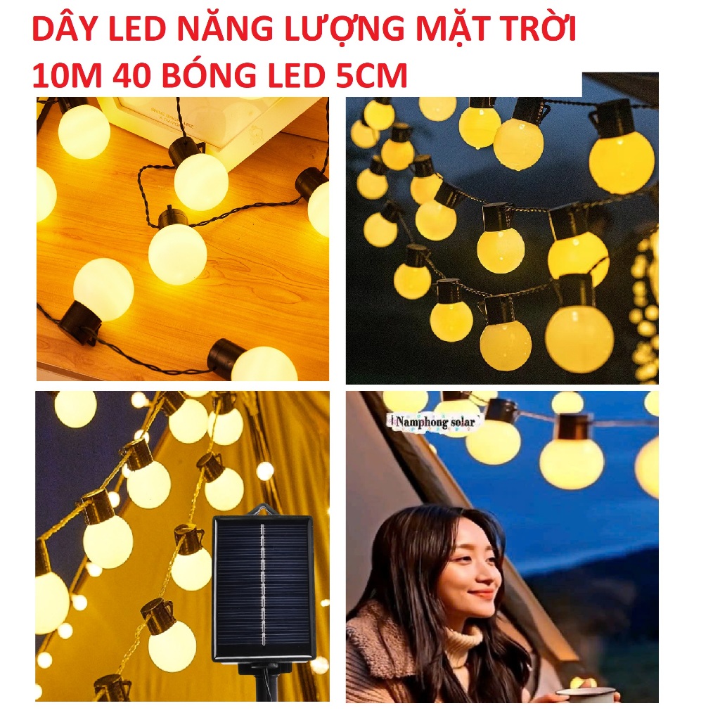 Dây Đèn Led Trang Trí Ngoài Trời Dài 10m 40 Bóng Tròn 5cm năng lượng mặt trời trang trí quán cà phê, trà chanh
