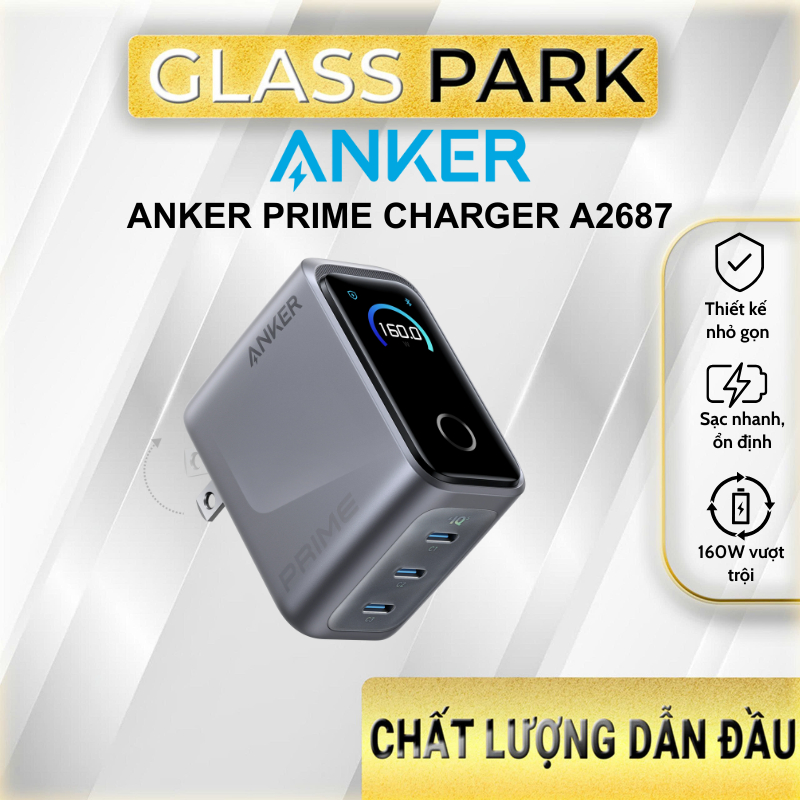 Củ Sạc Nhanh Anker Prime 160W - A2687 3 cổng USB-C, hiệu suất sạc nhanh, thiết kế nhỏ gọn, màn hình 