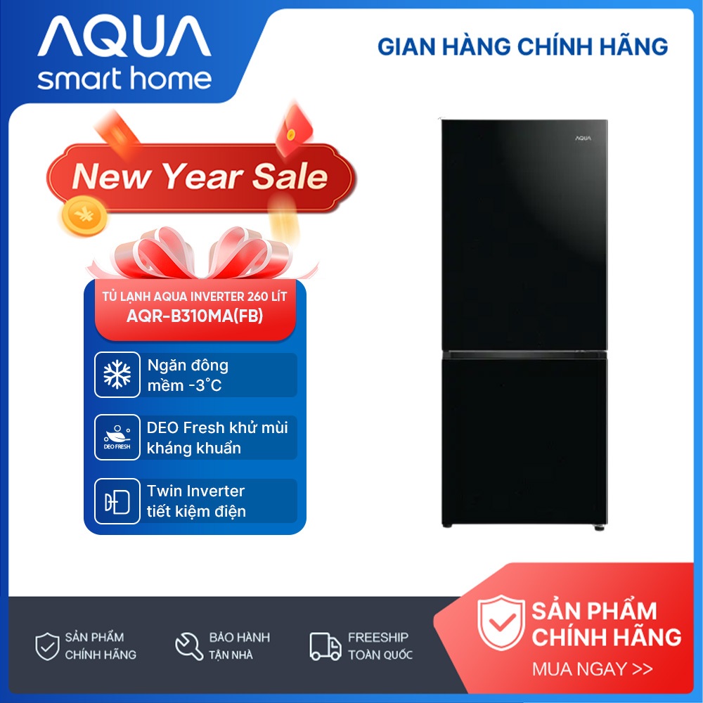 Tủ lạnh ngăn đông dưới Aqua Inverter 260 lít AQR-B310MA(FB) - Freeship toàn quốc - Bảo hành 2 năm - 