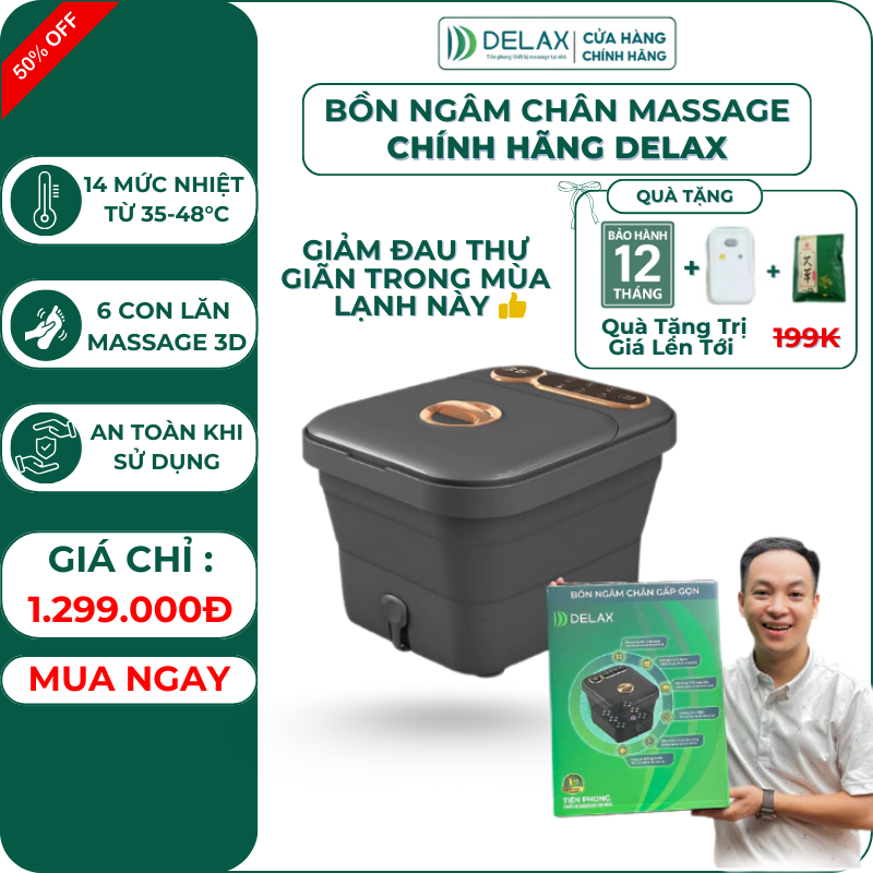 Máy Ngâm Chân Delax Massage Thiết Kế Gấp Gọn, Tự Động Làm Nóng, Chống Giật, Làm Ấm Thư Giãn BNC02