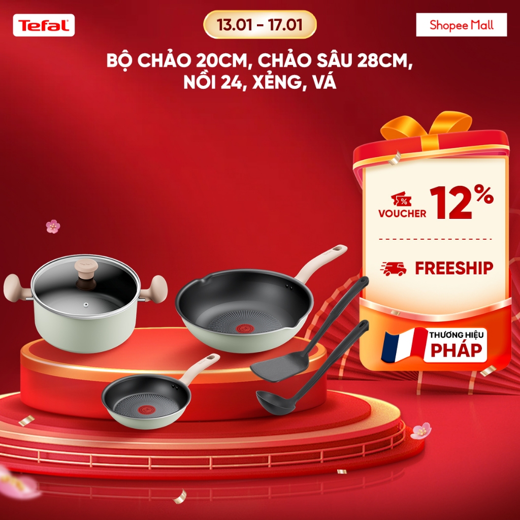 Bộ 5 nồi chảo chống dính đáy từ Tefal So Matcha 20cm, chảo sâu 28cm, nồi 24, xẻng, vá