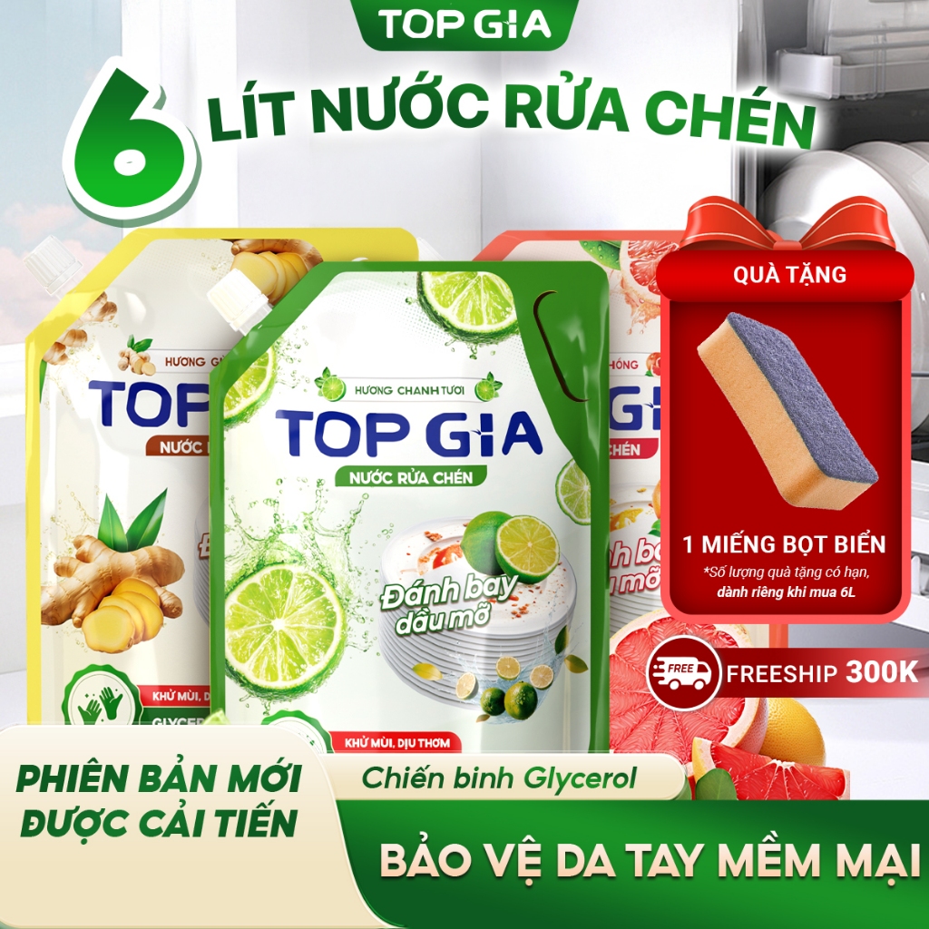 Nước Rửa Chén Bát TOPGIA Thiên Nhiên, An Toàn Dịu Nhẹ Da Tay, Khử Mùi Tanh Sạch Dầu Mỡ, Túi 2L