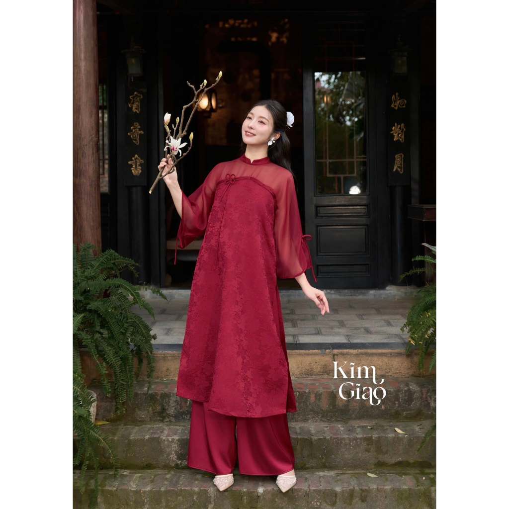 Áo Dài Bầu KIM GIAO Đỏ Đô Sang Trọng Joamom Gấm Hoa Chìm Phối Tơ Voan Điệu Đà - JTAD083