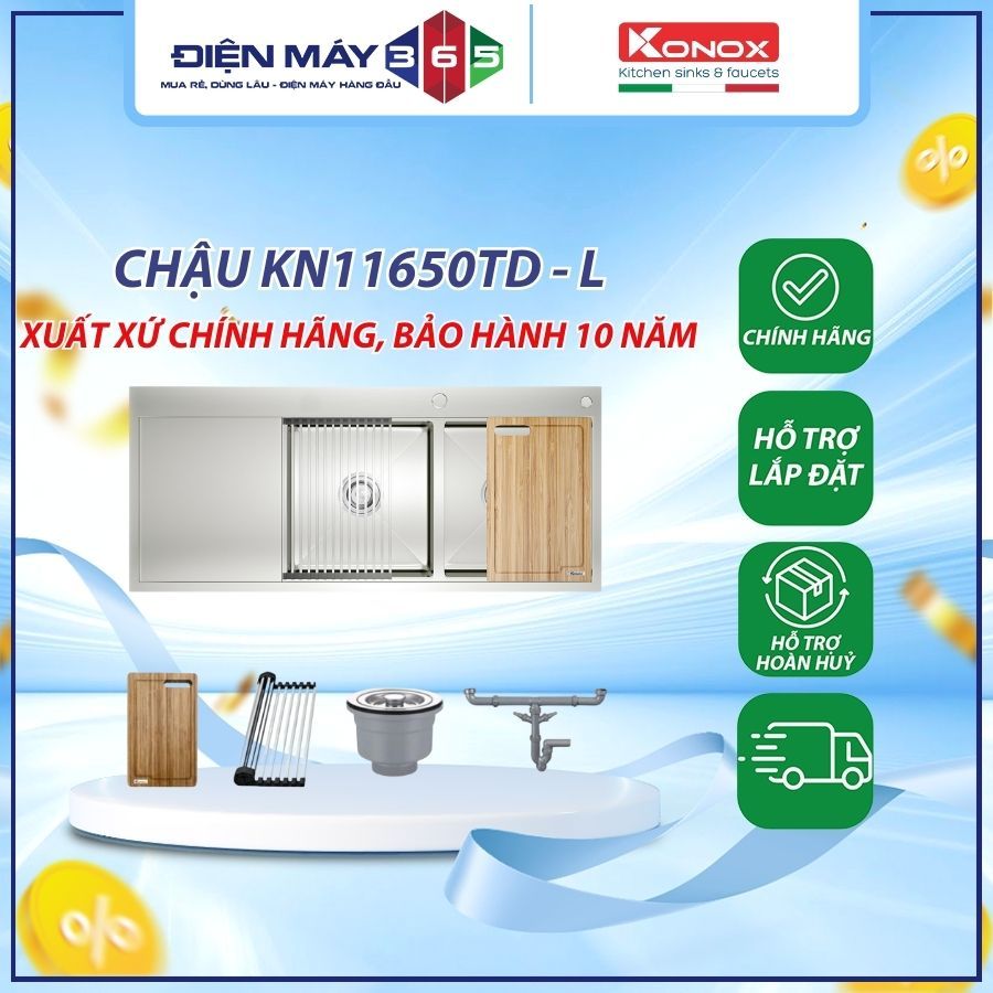 Chậu rửa bát inox 2 hố có bàn chờ Konox KN11650TD Thiết Kế Rộng Rãi