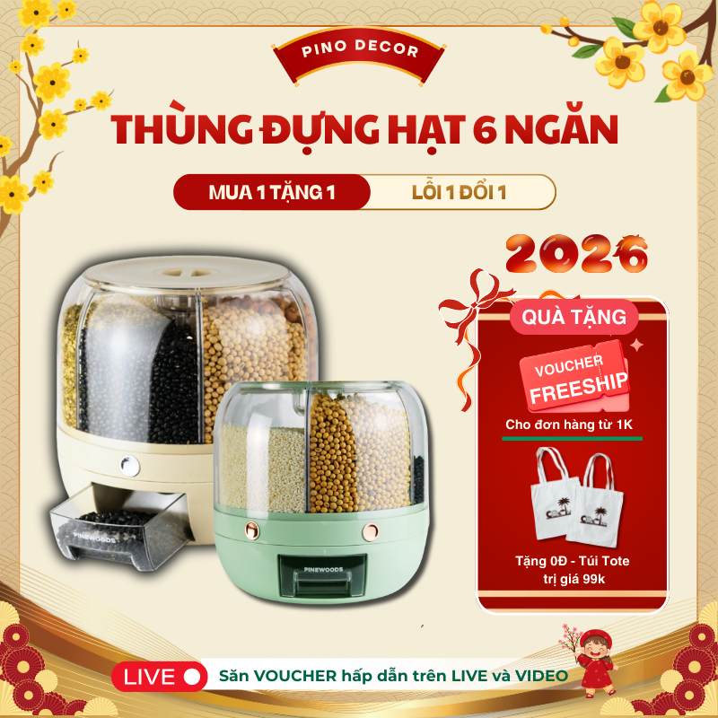 (TẶNG TÚI ZIP) Thùng Đựng Hạt,Thùng Đựng Gạo  Thông Minh Lấy Gạo Tự Động, Xoay Thông Minh Pinewoods