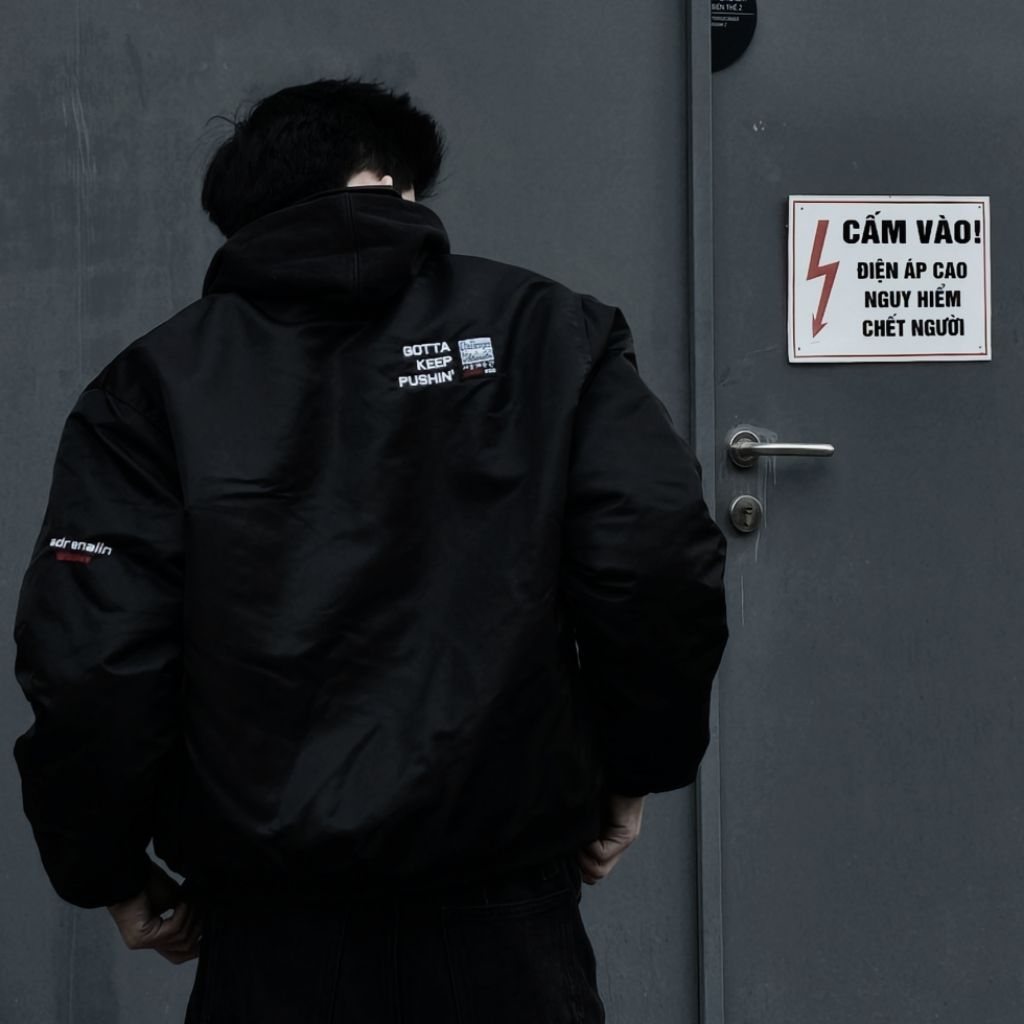 Áo khoác bomber jacket thêu form boxy "Adrenalin" - áo bomber pilot 2 mặt màu đen nam nữ thiết kế