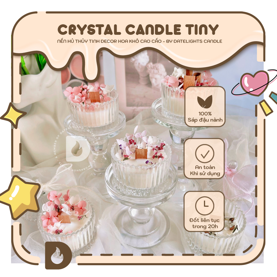 [Freeship] DATELIGHTS - Nến thơm Crystal Candle Tiny. Nến hũ thủy tinh decor hoa khô cao cấp trang t
