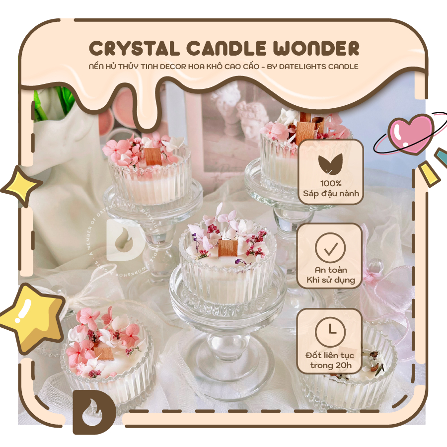 [Freeship] DATELIGHTS - Nến thơm Crystal Candle Wonder. Nến hũ thủy tinh decor hoa khô cao cấp trang