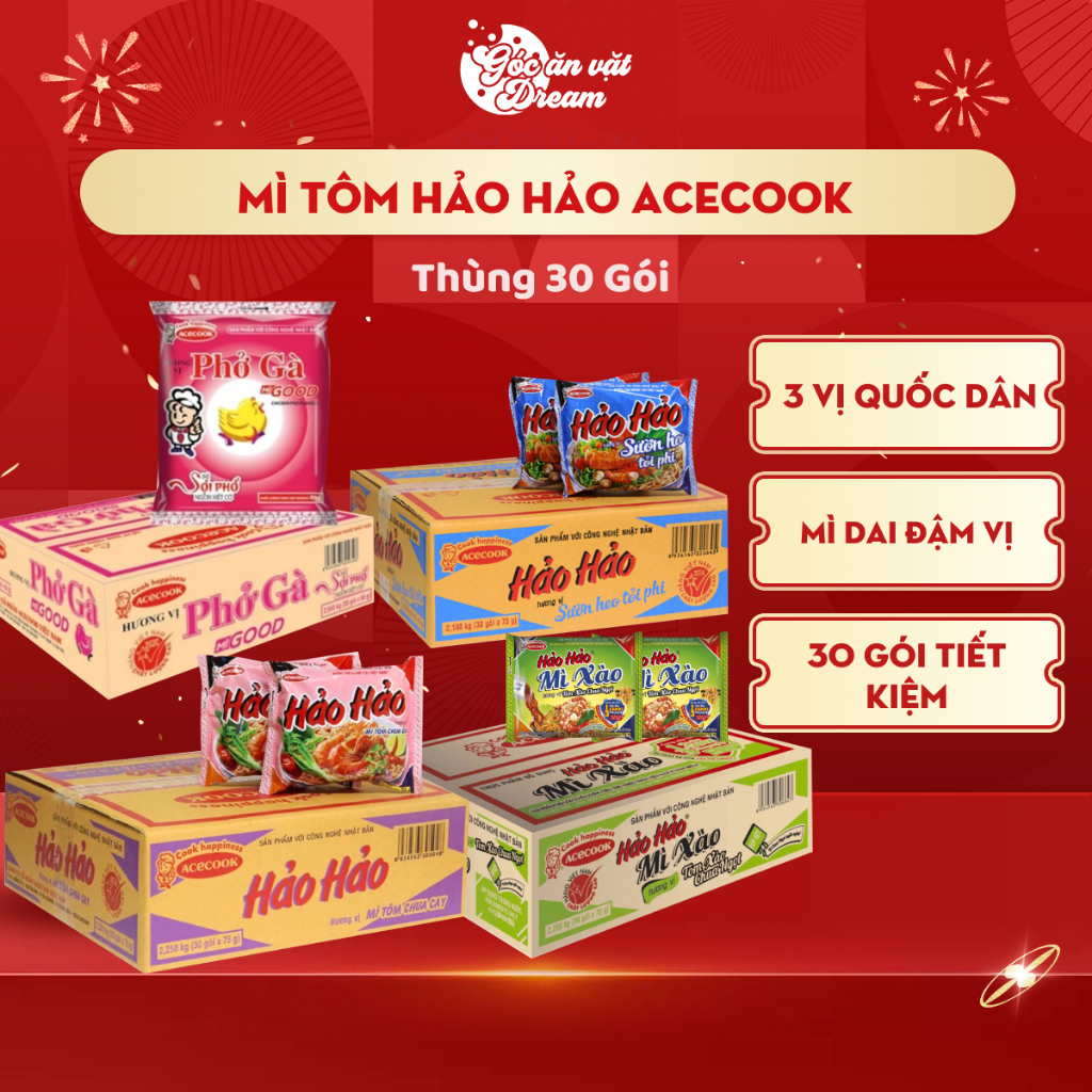 Mì Tôm Hảo Hảo Chua Cay Acecook | Mì Gói Ăn Liền | Thùng 30 Gói thơm ngon