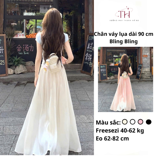 Chân váy dài lụa tơ nhũ ánh 2 lớp nhẹ nhàng,Chân váy tơ óng Bling Bling dài 90cm phong cách Hàn Quốc
