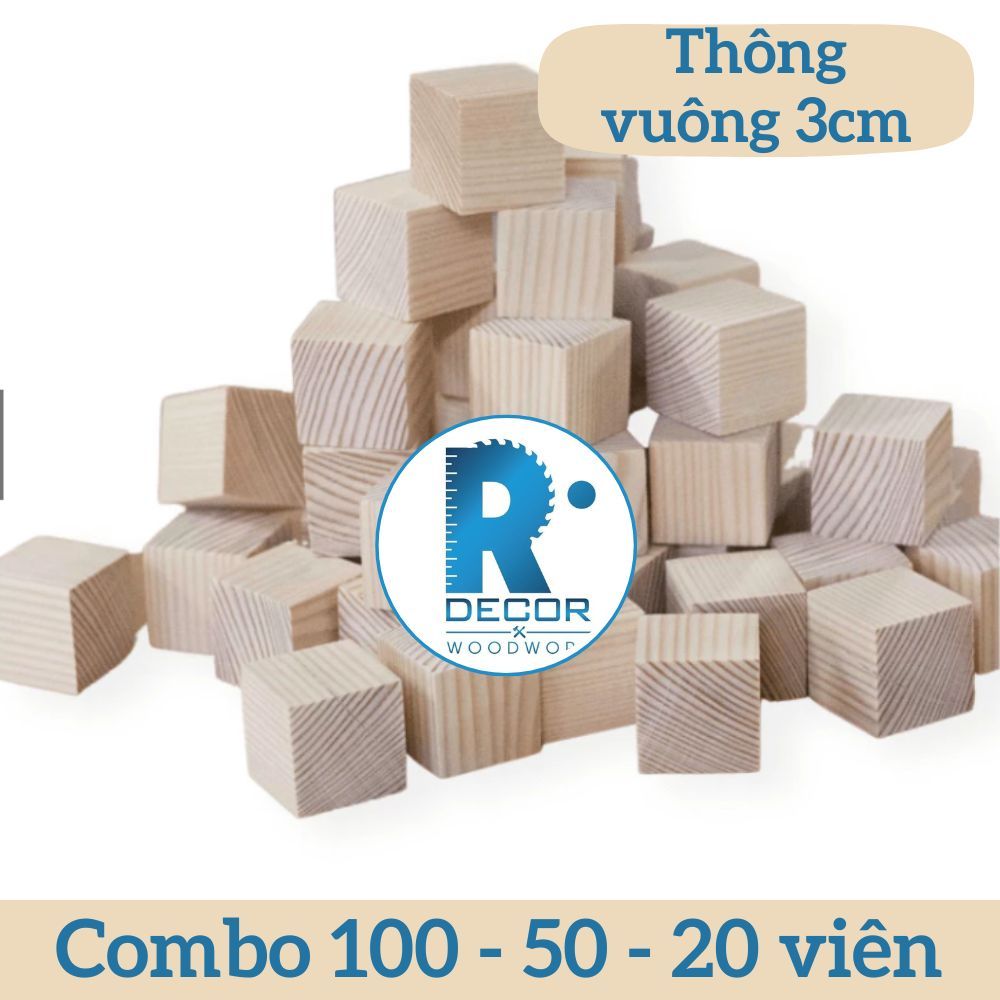 100 Khối gỗ thông vuông 3cm học toán, khối gỗ lập phương 3 cm dùng làm đồ chơi, cục gỗ thông DIY, tr
