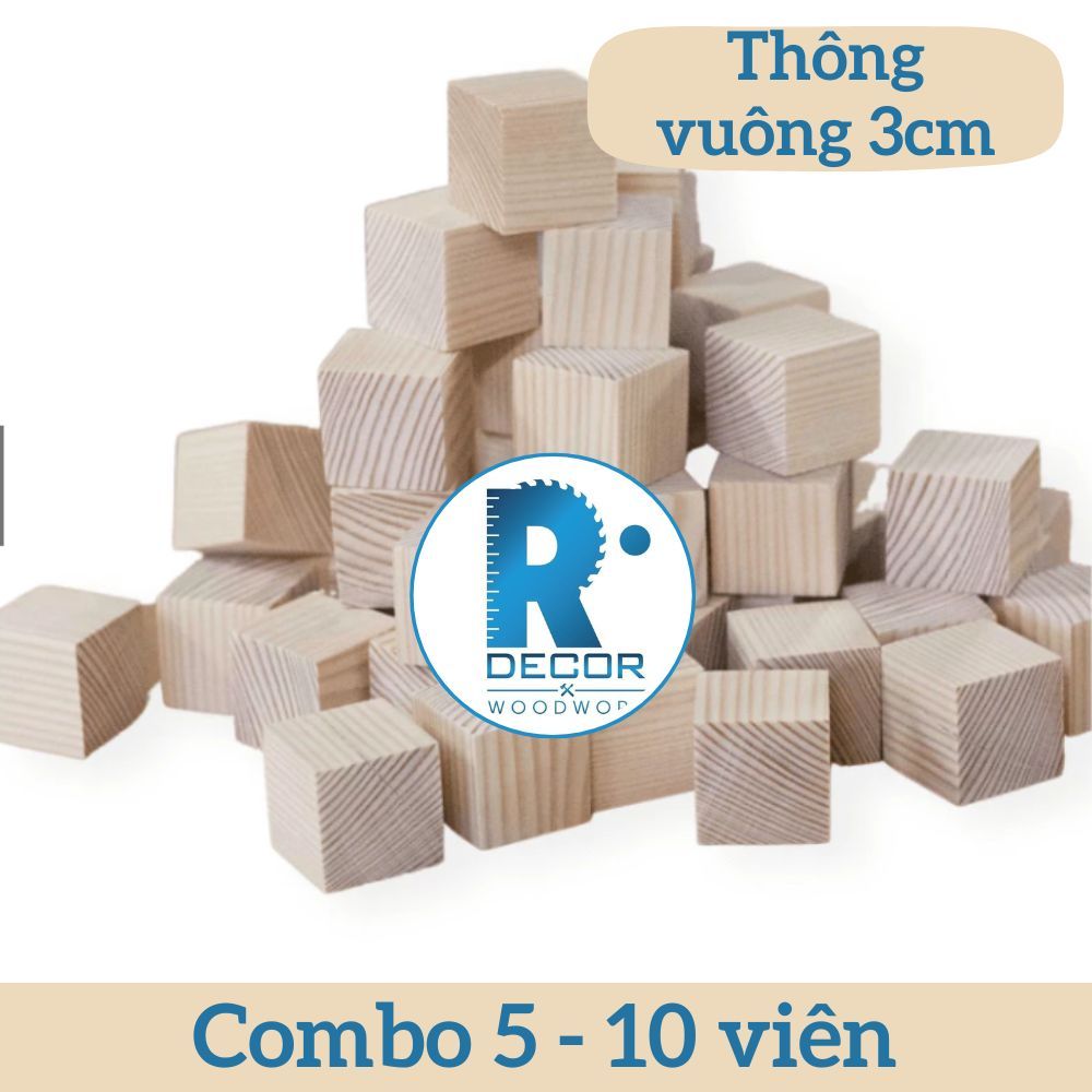 10 Khối gỗ thông vuông 3cm học toán, khối gỗ lập phương 3 cm dùng làm đồ chơi, cục gỗ thông DIY, tra